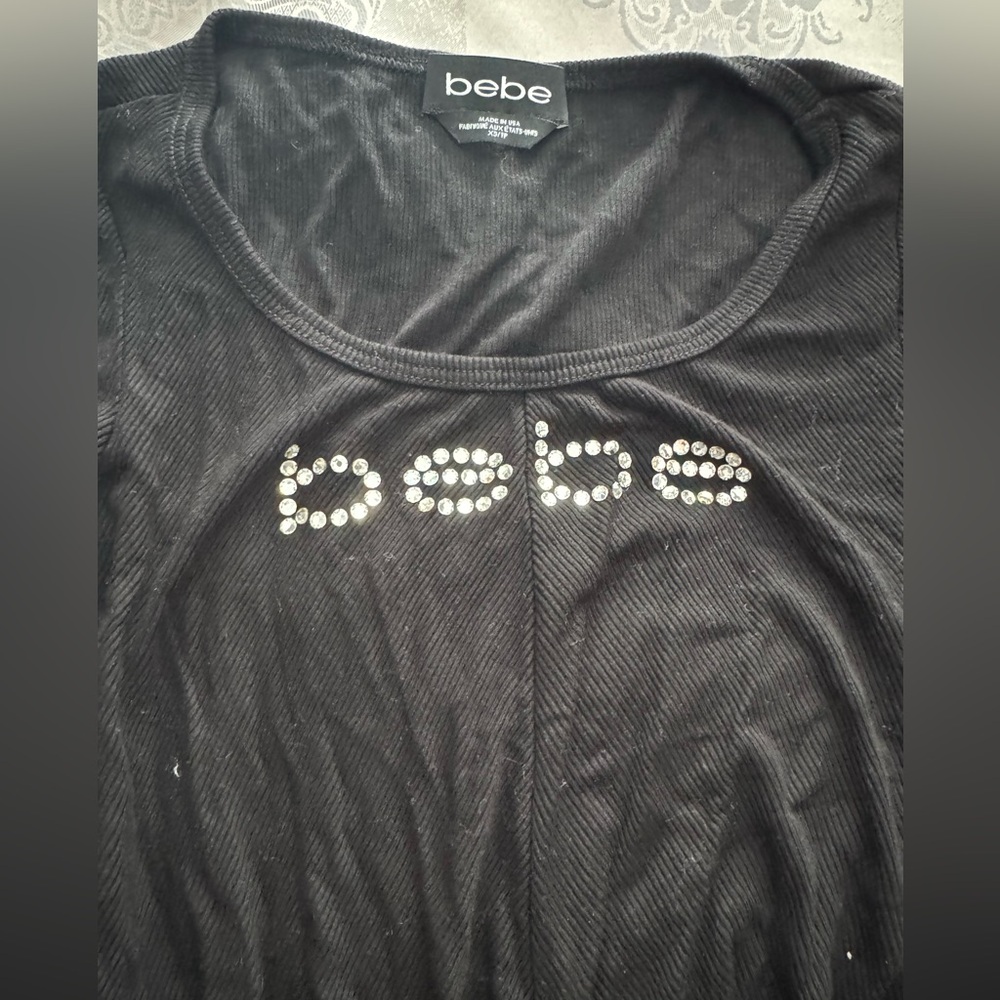 Bebe Black Rhinestone Logo Long Sleeve Top - Picture 2 of 4